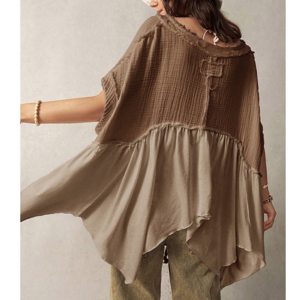 Solid Notched neck High Low Asymmetrical hem oversized Top - Picture 2 of 12